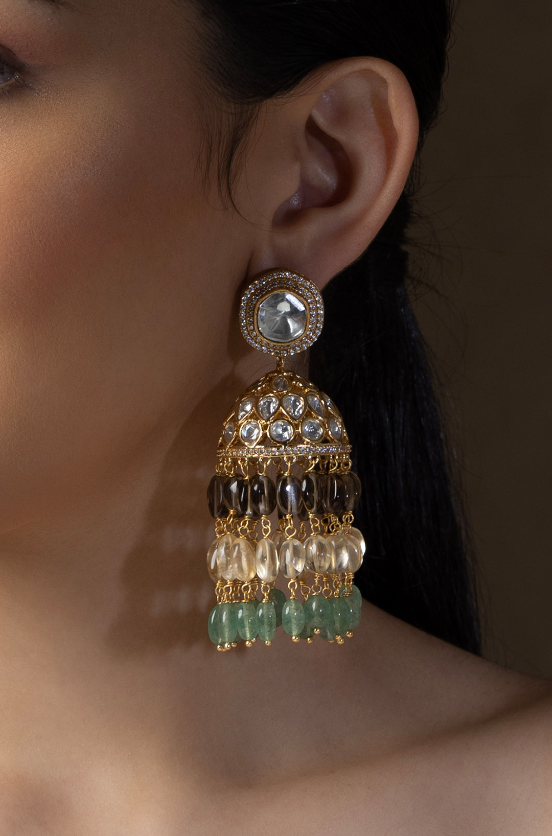 Polki Jhumka Earrings With Jade Tumbles