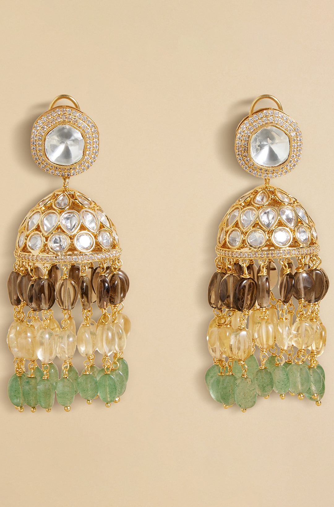 Polki Jhumka Earrings With Jade Tumbles