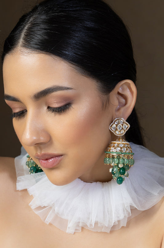 Polki And Green Beads Jhumka Earrings