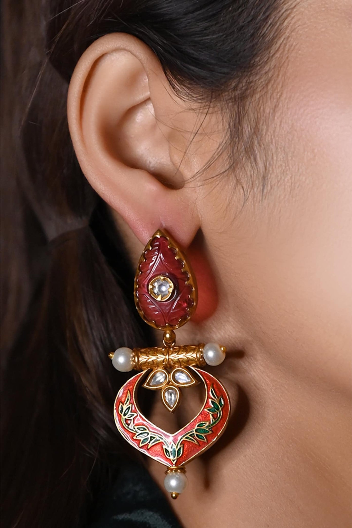 Leaf Motif Enamel Cutwork Drop Earrings 