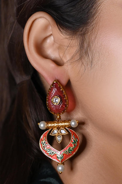 Leaf Motif Enamel Cutwork Drop Earrings 