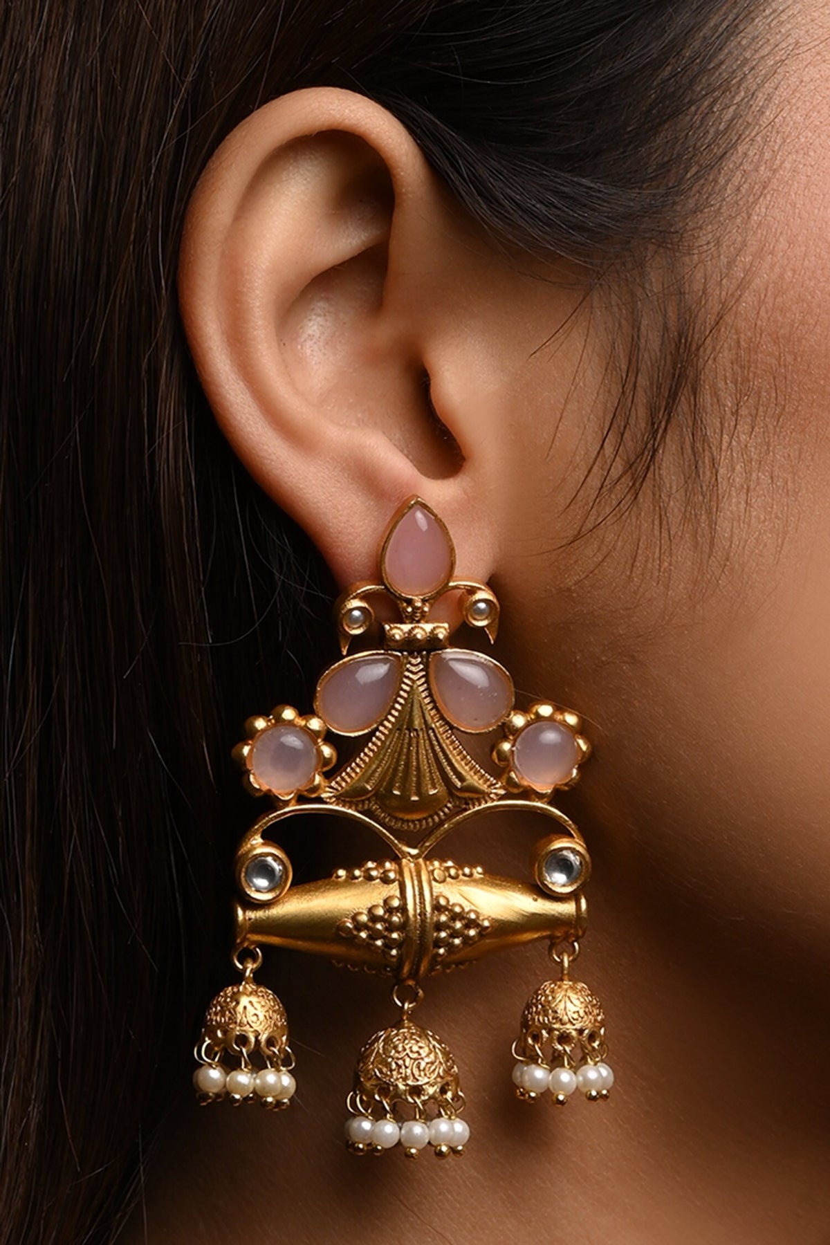 Opal Stone Pearl Cluster Dangler Earrings 