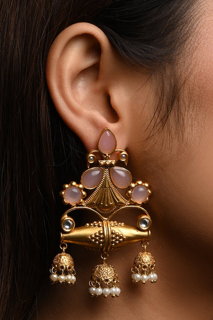 Opal Stone Pearl Cluster Dangler Earrings 