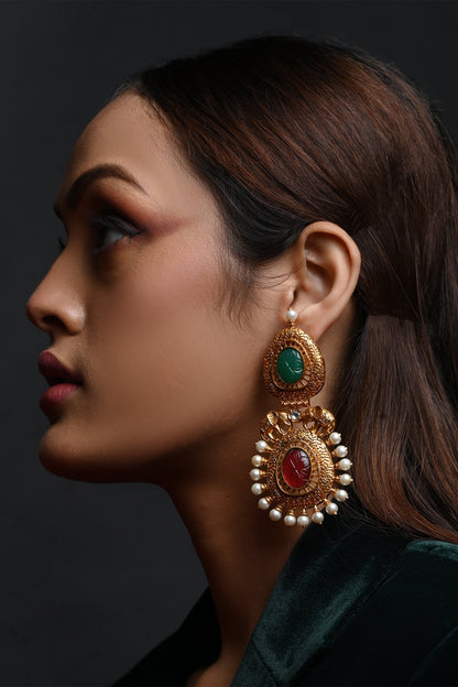 Elephant Motif Ruby Emerald Stone Pearl Danglers 