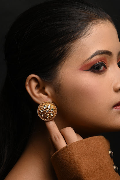 Kundan Studded Floral Motif Round Stud Earrings 