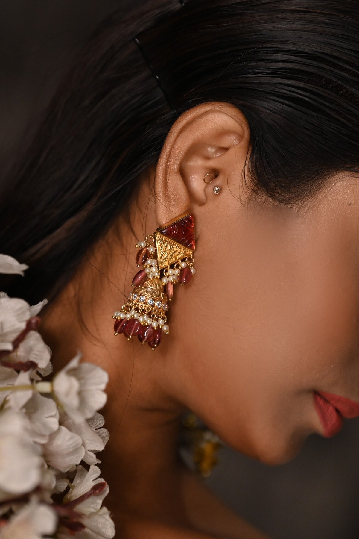 Stone Studded Bead Drop Jhumkas 