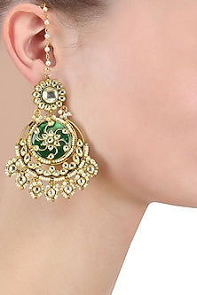 Gold Finish Green Enamelled and White Stones Chandbali Earrings