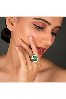 White Finish Green Emerald Ring In Sterling Silver