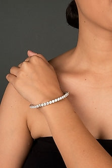 White Finish Round Zircon Bangle In Sterling Silver