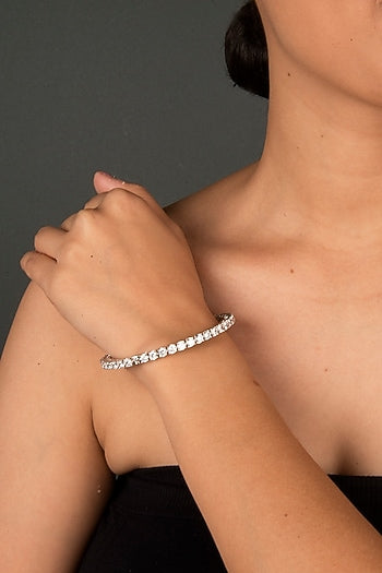 White Finish Round Zircon Bangle In Sterling Silver