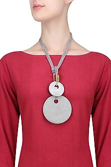 Grey Three Thread String Double Off White Chrome Pendants Big Lariat Neckpiece