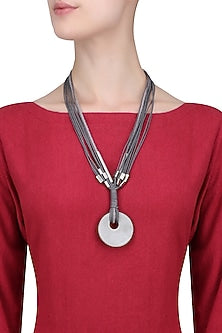 Grey Multiple Thread String Chrome Off White Round Pendant Neckpiece