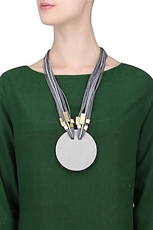 Grey Multiple Thread String Gold Finish Tubes Round Pendant Neckpiece
