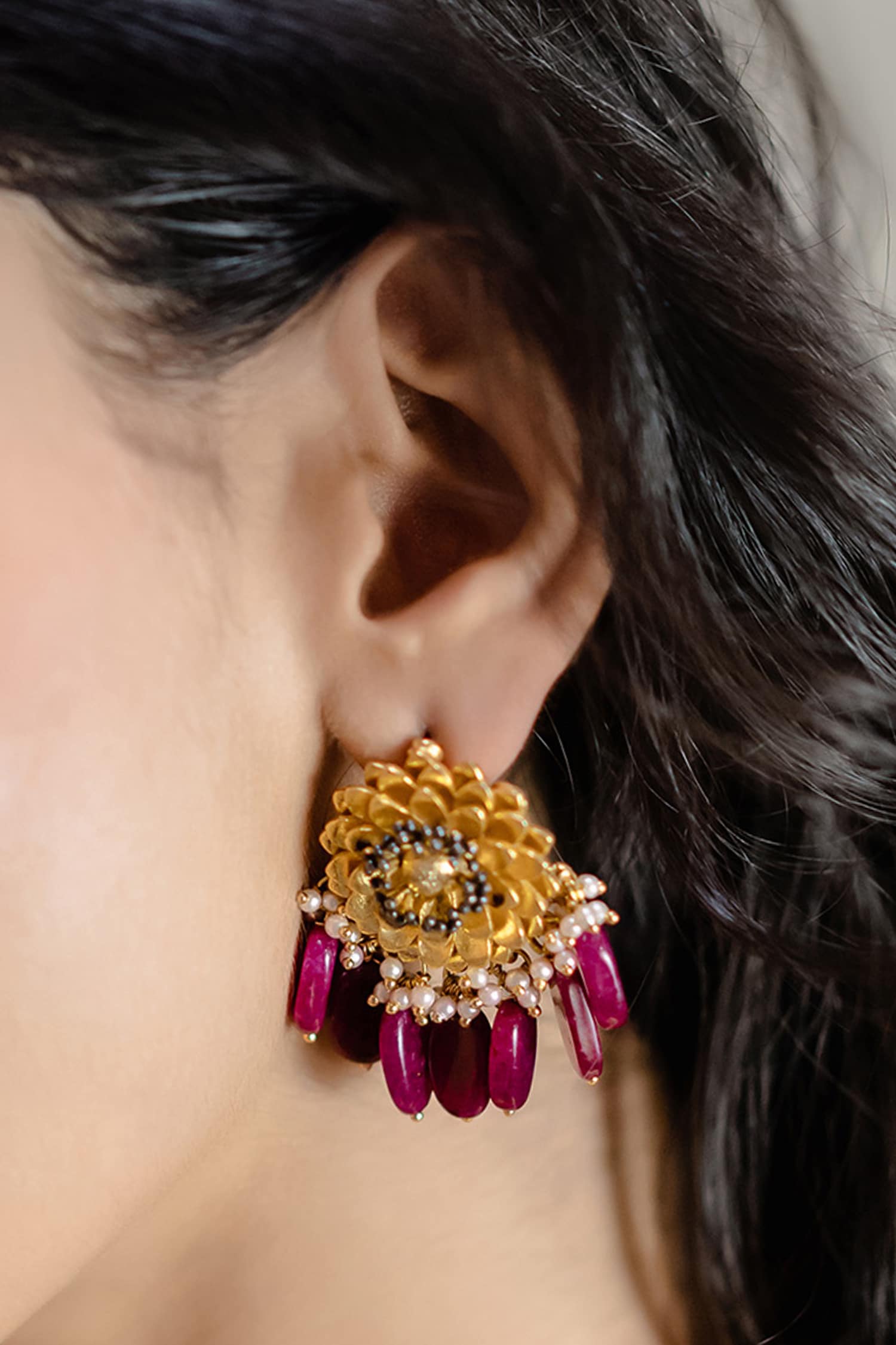 Stone Drop Floral Earrings 