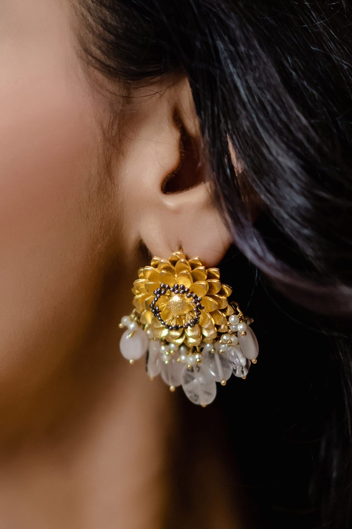 Stone Drop Floral Earrings 