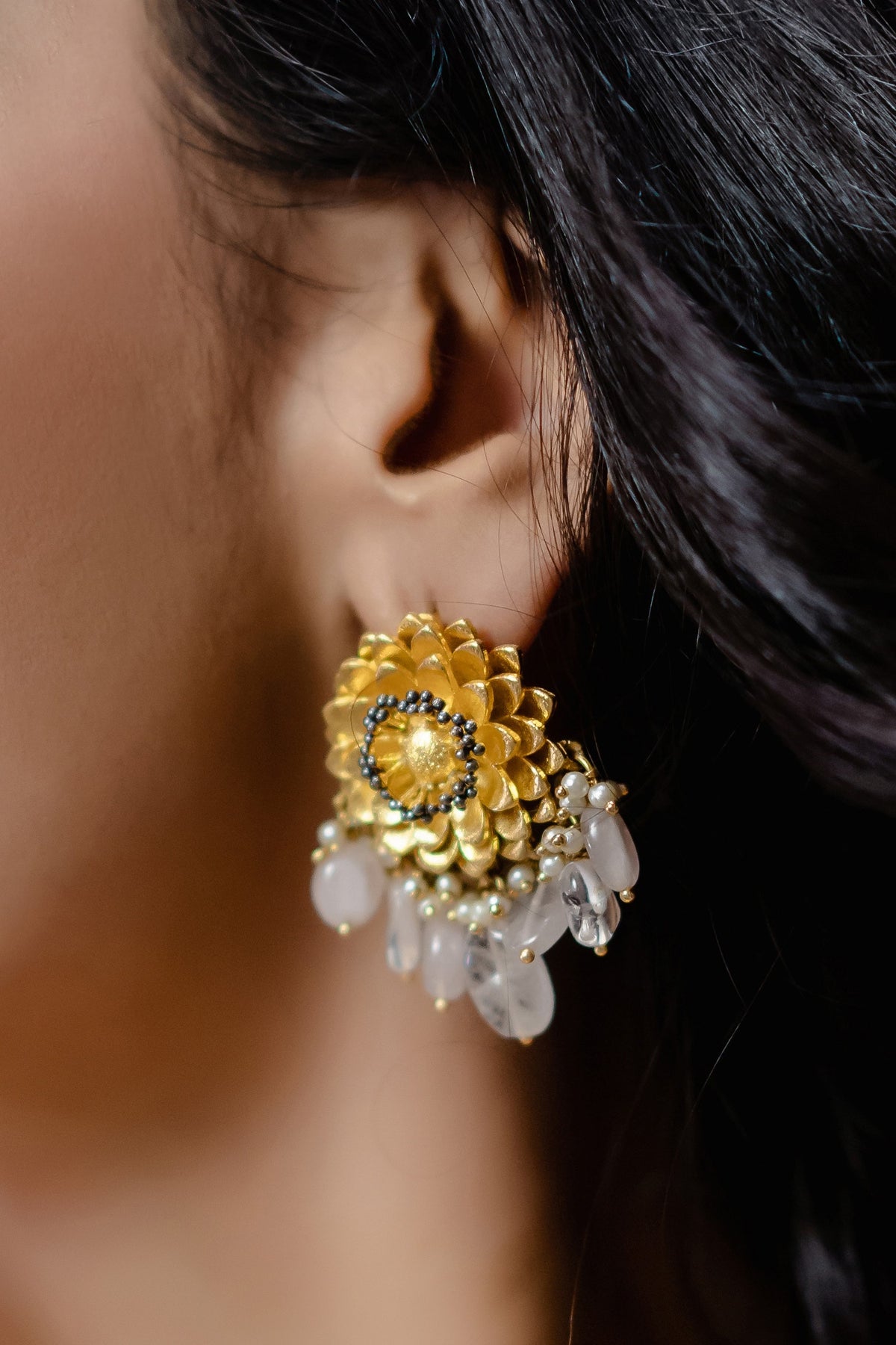 Stone Drop Floral Earrings 