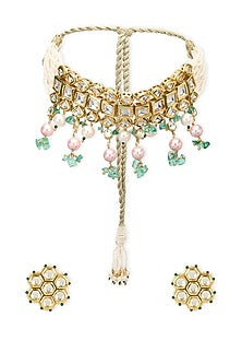 Gold Finish Kundan Polki & Onyx Stone Meenakari Choker Necklace Set