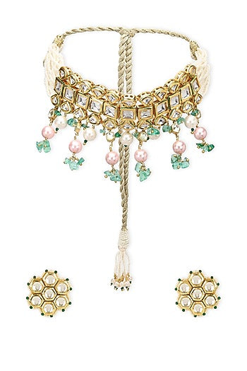 Gold Finish Kundan Polki & Onyx Stone Meenakari Choker Necklace Set