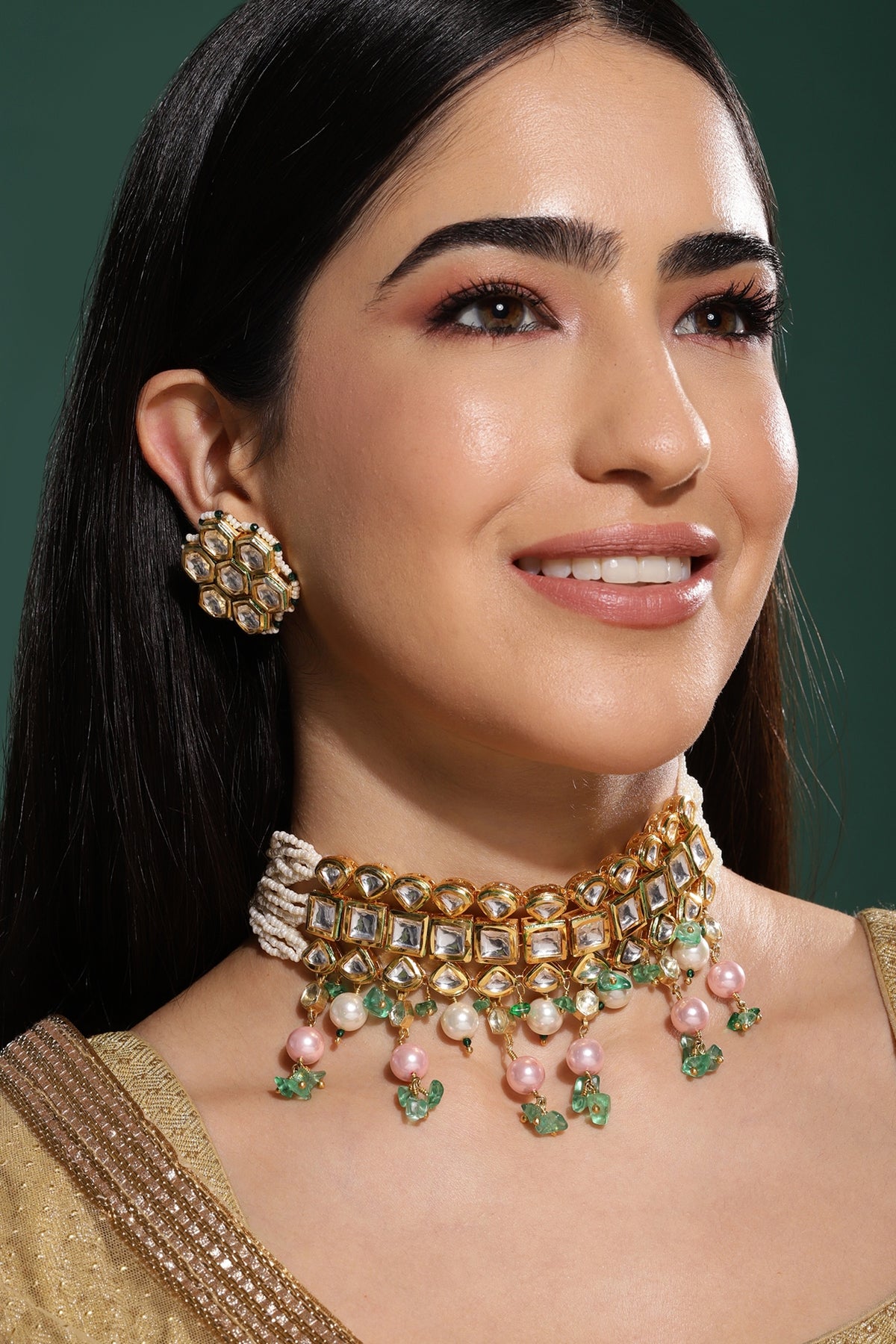 Gold Finish Kundan Polki & Onyx Stone Meenakari Choker Necklace Set