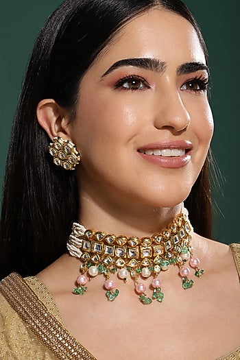 Gold Finish Kundan Polki & Onyx Stone Meenakari Choker Necklace Set