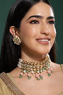 Gold Finish Kundan Polki & Onyx Stone Meenakari Choker Necklace Set