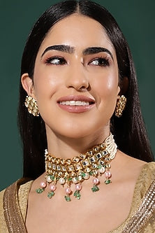 Gold Finish Kundan Polki & Onyx Stone Meenakari Choker Necklace Set