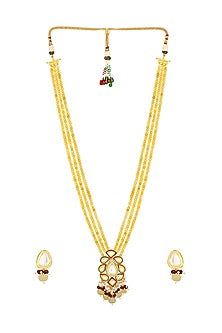 Micron Gold Finish Long Necklace Set With Agates & Kundan