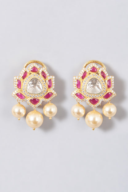 Gold Finish Pearl Stud Earrings In Sterling Silver