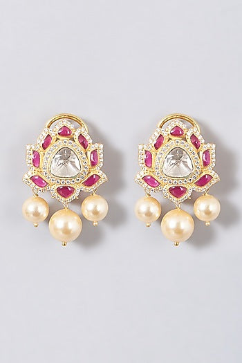 Gold Finish Pearl Stud Earrings In Sterling Silver