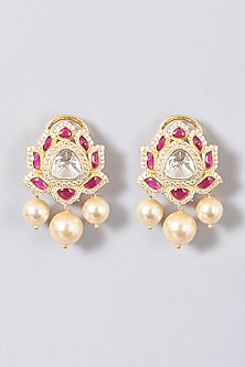 Gold Finish Pearl Stud Earrings In Sterling Silver