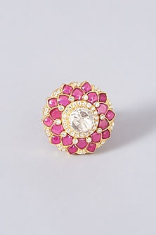 Gold Finish Ring With Faux Rubies In Sterling Silver