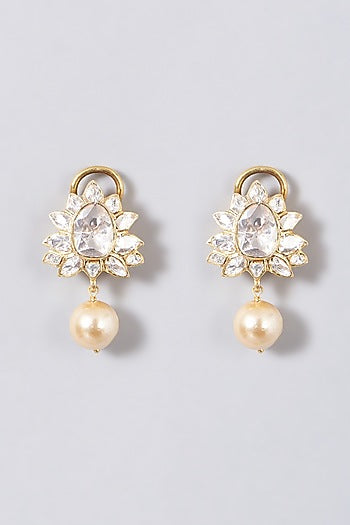 Gold Finish Moissanite Polki Pearl Dangler Earrings In Sterling Silver