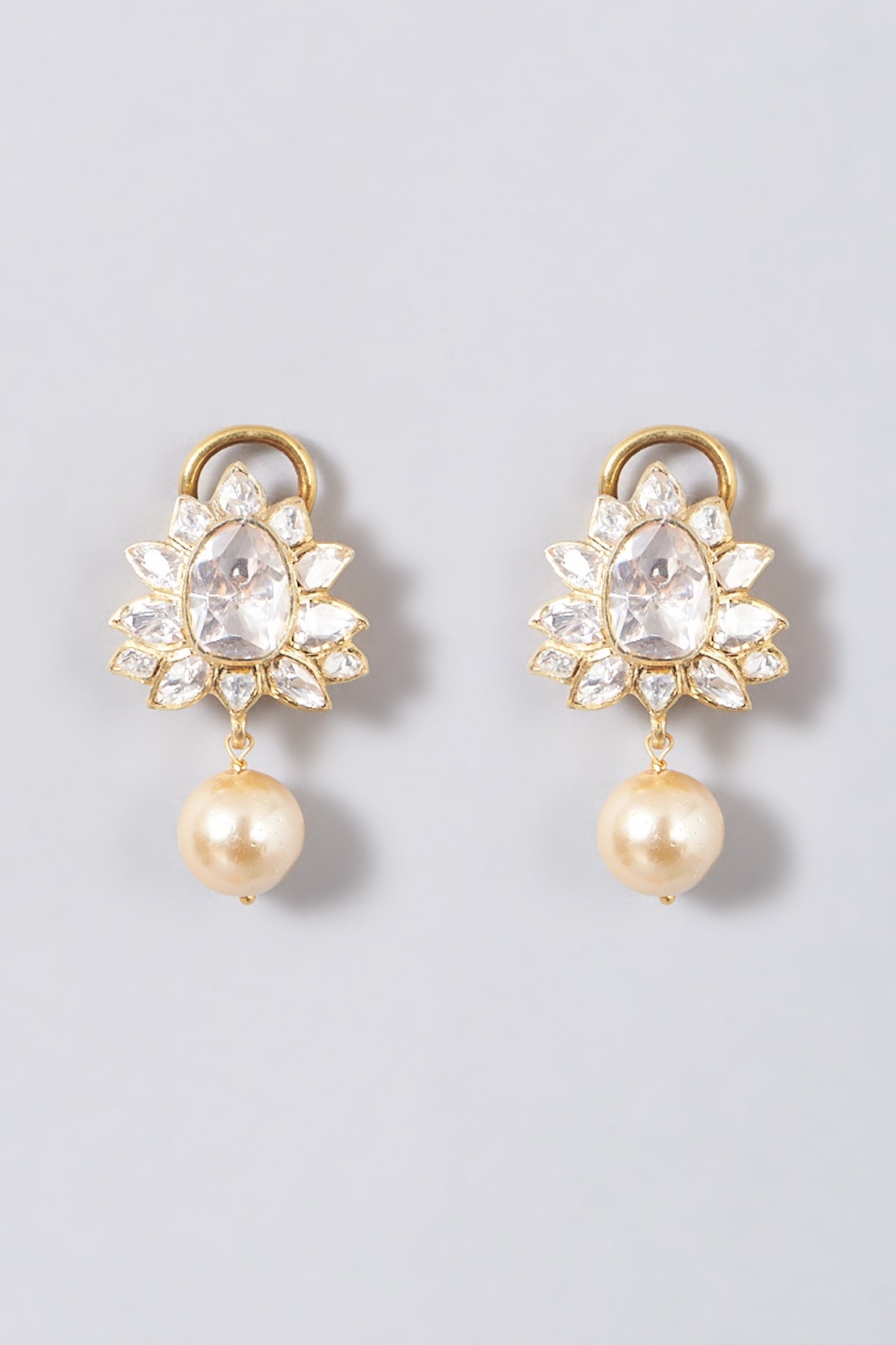 Gold Finish Moissanite Polki Pearl Dangler Earrings In Sterling Silver
