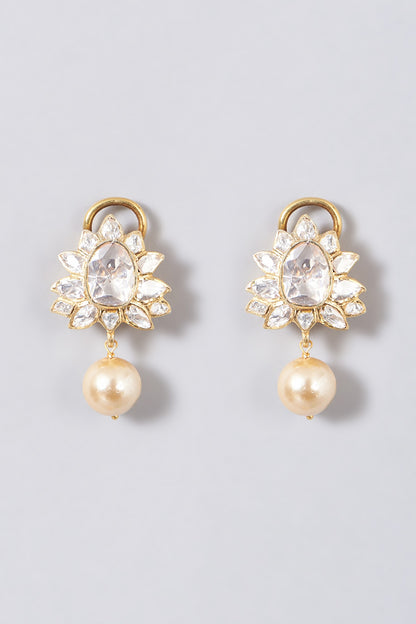 Gold Finish Moissanite Polki Pearl Dangler Earrings In Sterling Silver