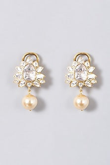 Gold Finish Moissanite Polki Pearl Dangler Earrings In Sterling Silver