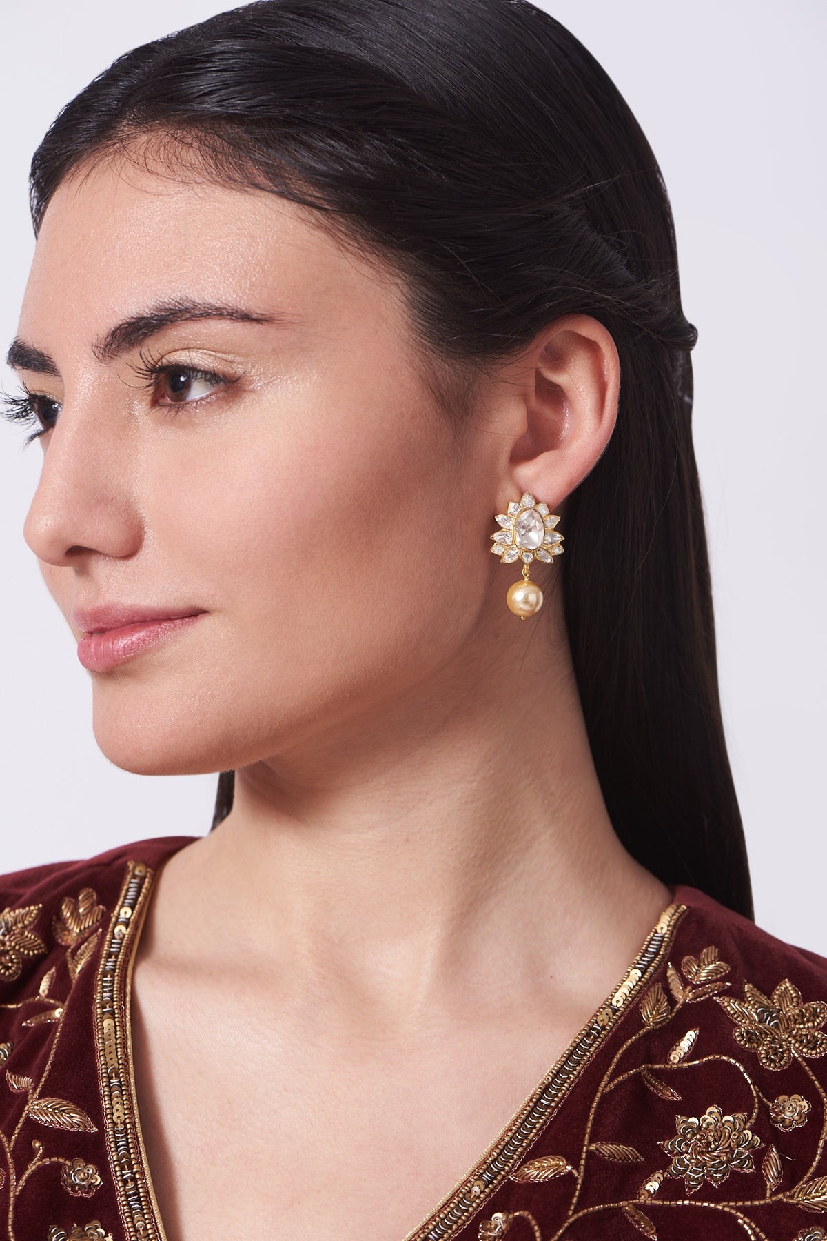 Gold Finish Moissanite Polki Pearl Dangler Earrings In Sterling Silver