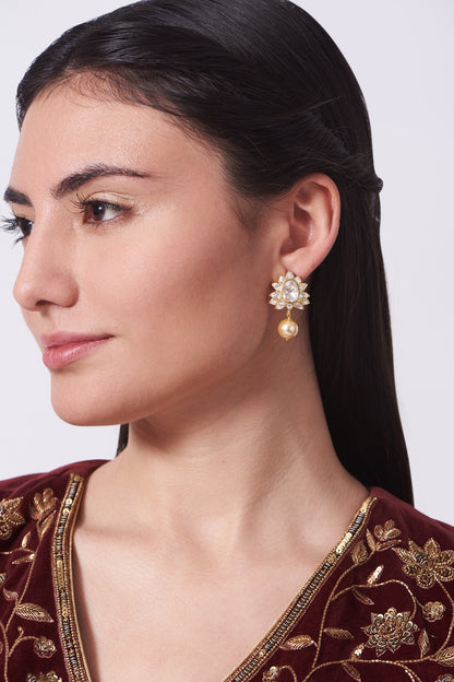 Gold Finish Moissanite Polki Pearl Dangler Earrings In Sterling Silver