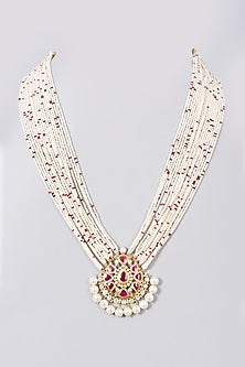 Gold Finish Moissanite Polki & Pearl Long Necklace In Sterling Silver