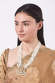 Gold Finish Moissanite Polki & Pearl Long Necklace In Sterling Silver