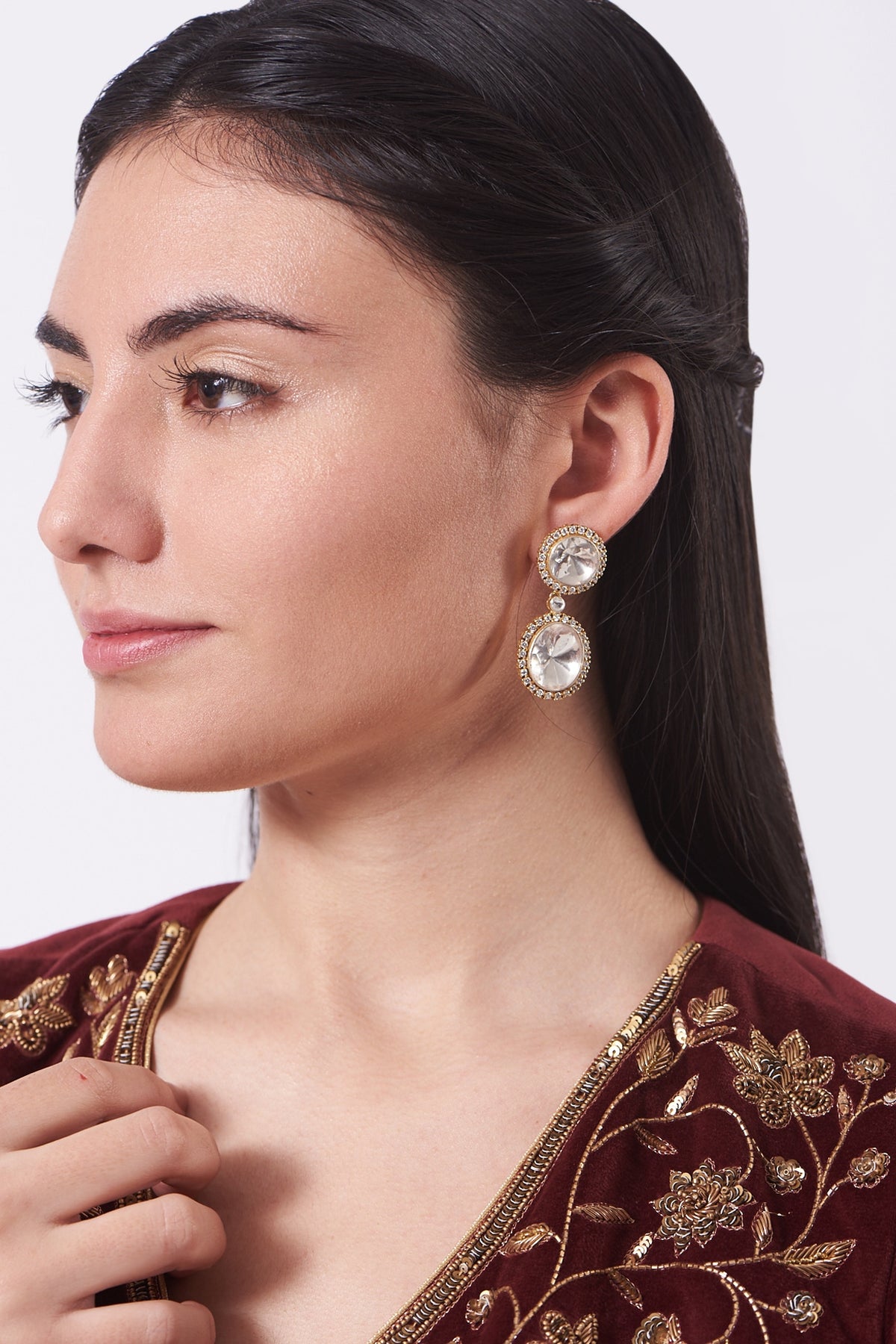 Gold Finish Moissanite Polki Dangler Earrings In Sterling Silver