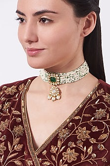 Gold Finish Choker Necklace With Pearls In Sterling Silver
