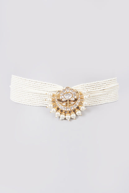 Gold Finish Moissanite Polki Choker Necklace In Sterling Silver