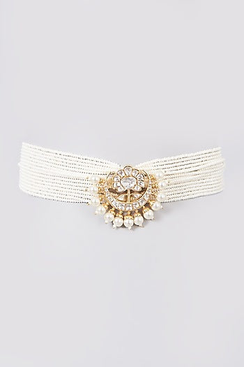 Gold Finish Moissanite Polki Choker Necklace In Sterling Silver
