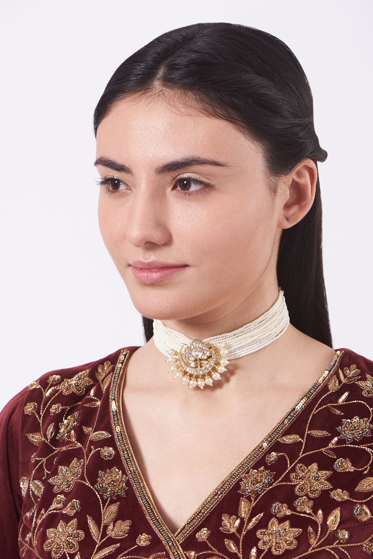 Gold Finish Moissanite Polki Choker Necklace In Sterling Silver