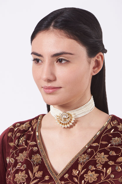 Gold Finish Moissanite Polki Choker Necklace In Sterling Silver