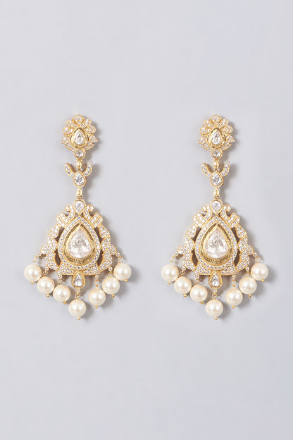 Gold Finish Dangler Earrings With Pearls In Sterling Silver
