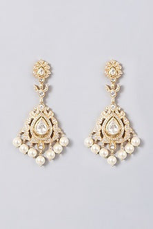 Gold Finish Dangler Earrings With Pearls In Sterling Silver