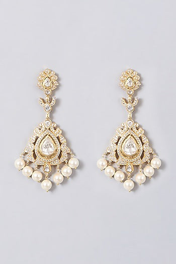 Gold Finish Dangler Earrings With Pearls In Sterling Silver