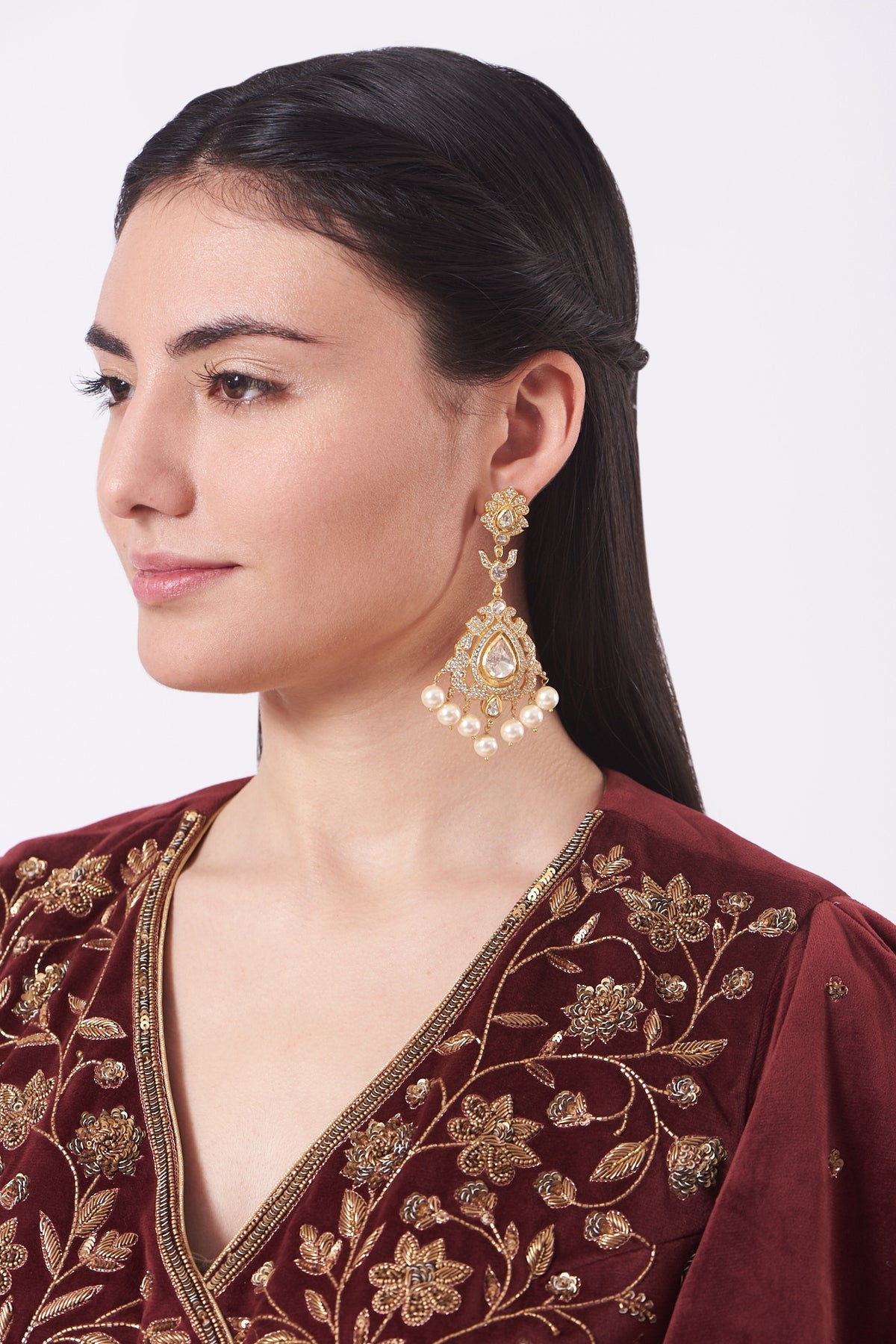 Gold Finish Dangler Earrings With Pearls In Sterling Silver
