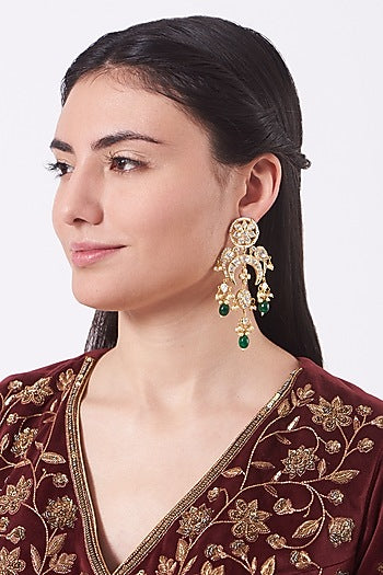Gold Finish Green Beaded Dangler Earrings In Sterling Silver